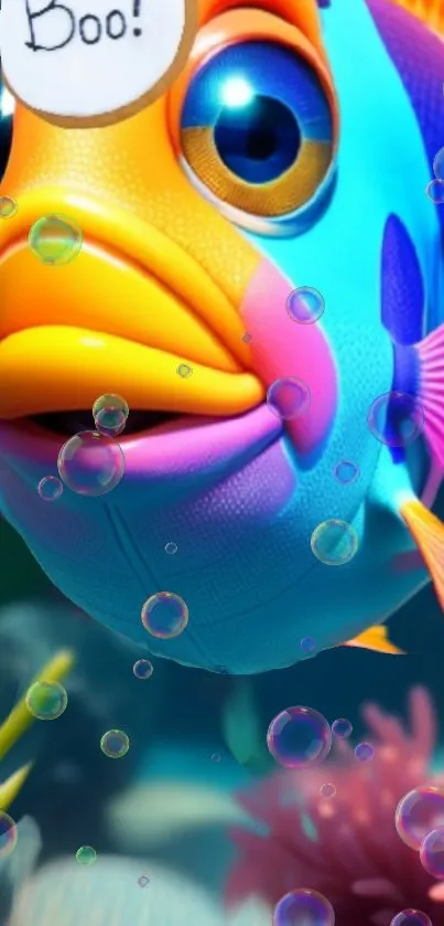 Colorful cartoon fish with bubbles in a vibrant underwater scene.
