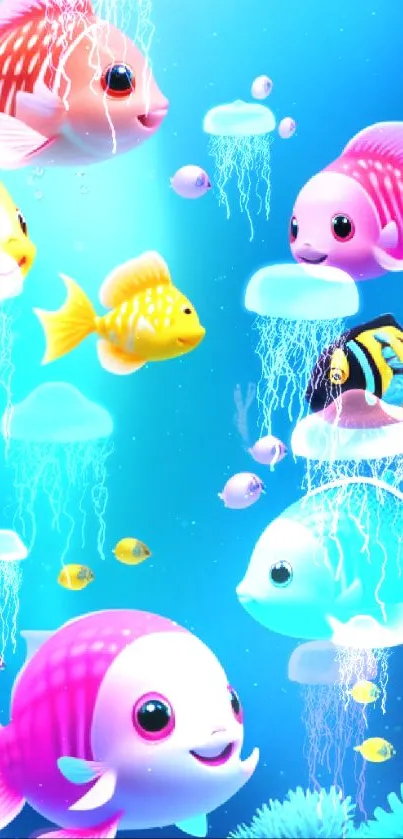Vibrant cartoon fish swimming in a colorful underwater scene.