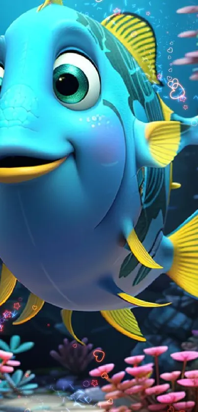 Bright animated blue fish in colorful coral reef.