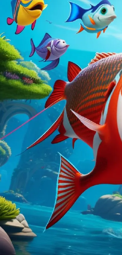 Vibrant cartoon fish swimming in a colorful underwater scene.