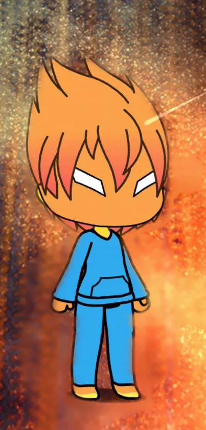 Dynamic cartoon character with fiery orange backdrop.