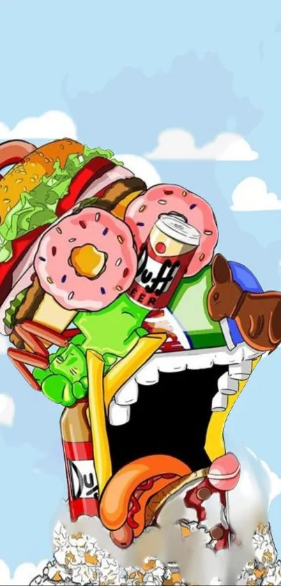 Cartoon food explosion with burgers and donuts against a sky background.