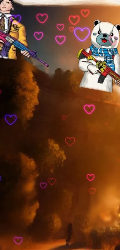 Cartoon characters with hearts in a vibrant forest scene.