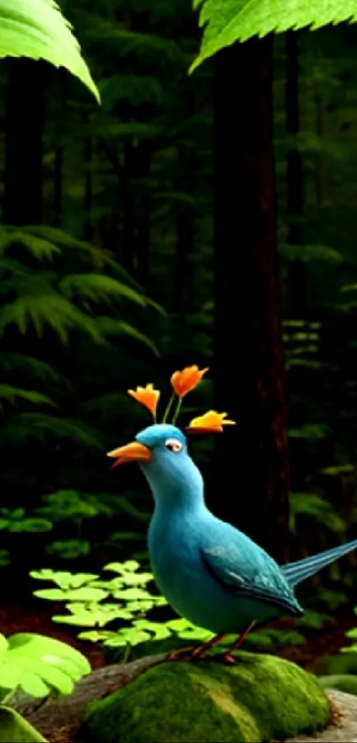 Cartoon bird in vibrant green forest.