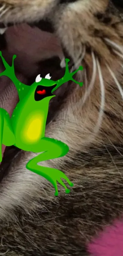 Cartoon frog leaping playfully with a cat on a quirky mobile wallpaper.