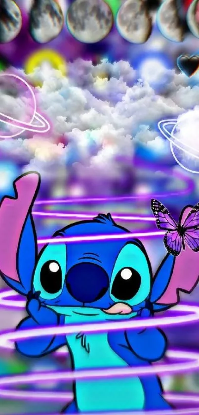 Cartoon character in vibrant galaxy scene with planets and butterfly.