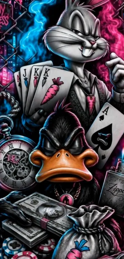 Colorful cartoon gangster theme wallpaper with iconic characters.