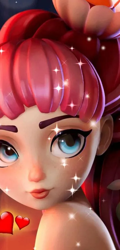 Charming cartoon girl with pink hair and sparkles, perfect for mobile wallpaper.