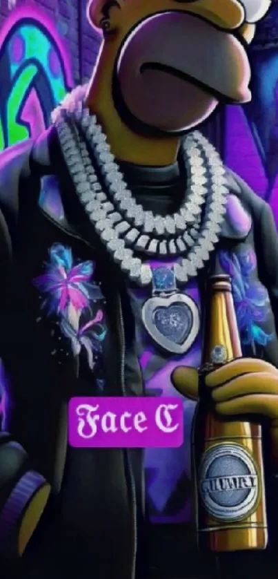 Graffiti-style cartoon holding a bottle, adorned with vibrant colors.