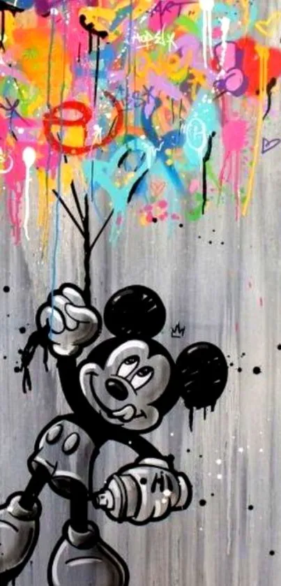 Vibrant cartoon graffiti art with colorful splashes and an iconic character.