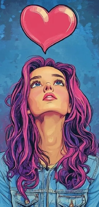 Cartoon girl with vibrant hair under a heart on blue background.