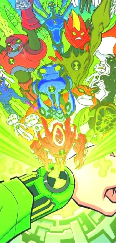 Vibrant cartoon heroes in a green fusion scene.