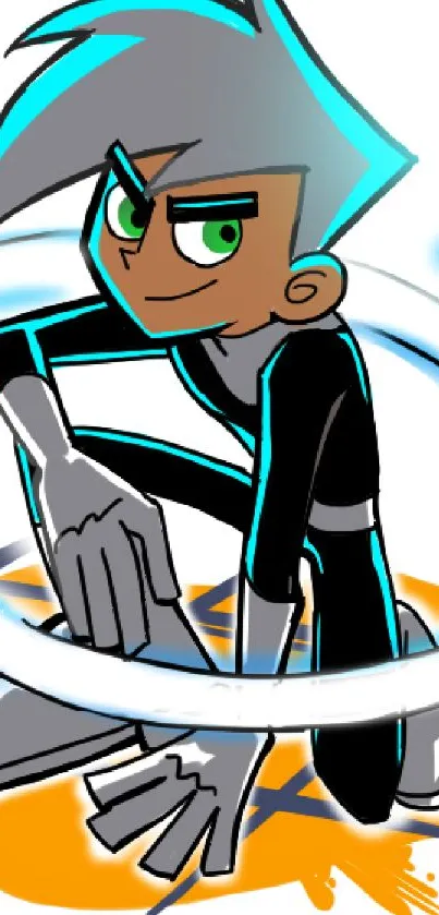 Dynamic cartoon hero in teal energy pose.