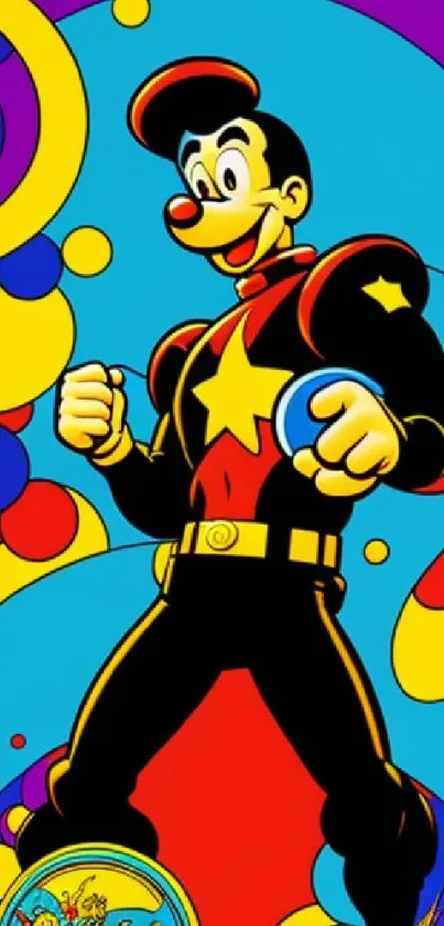 Cartoon hero in vibrant colors with a star emblem on a colorful background.