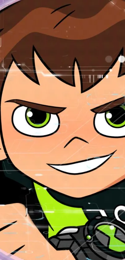 Cartoon hero with green eyes and tech background.