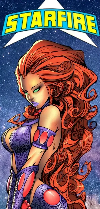 Vibrant cartoon heroine with cosmic background on mobile wallpaper.