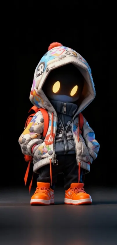 Cartoon character in colorful hoodie with glowing eyes.