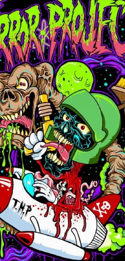 Colorful cartoon horror artwork with vibrant characters and surreal elements.