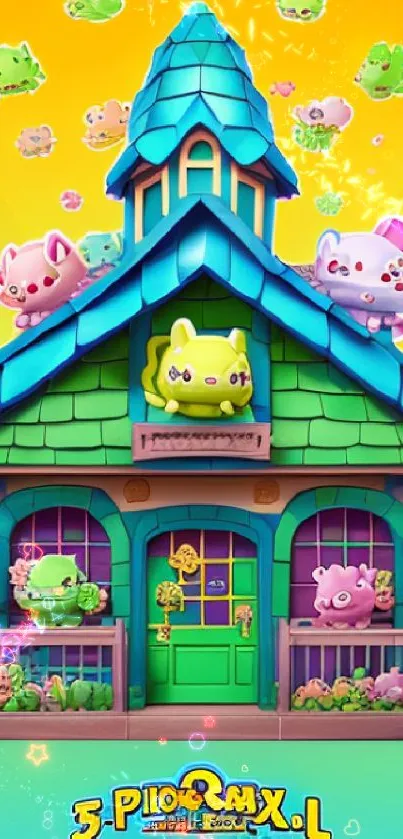 Vibrant cartoon house with cute creatures on a colorful gradient background.