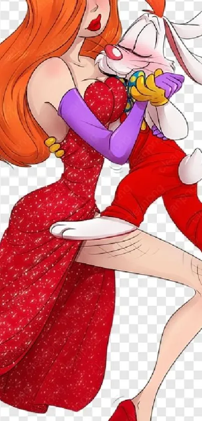 Vibrant cartoon character hugging a rabbit.