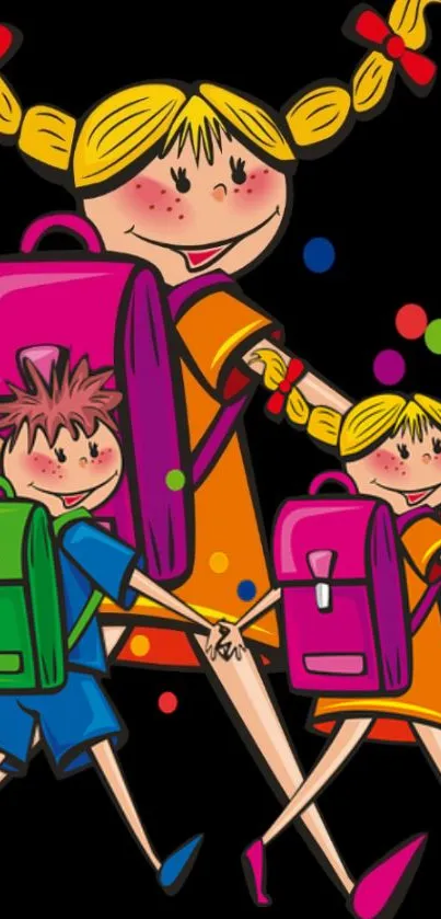 Colorful cartoon kids with backpacks on bright wallpaper.