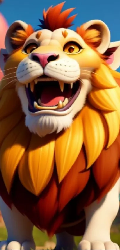 A vibrant cartoon lion with a bright orange mane, smiling in a playful setting.