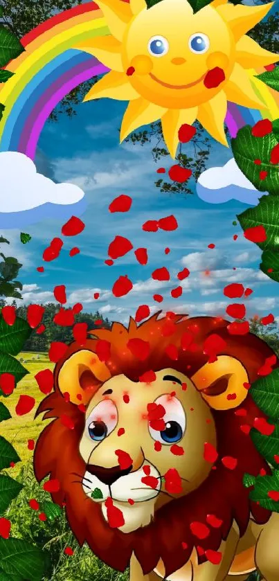Vibrant cartoon lion with rainbow and flowers.