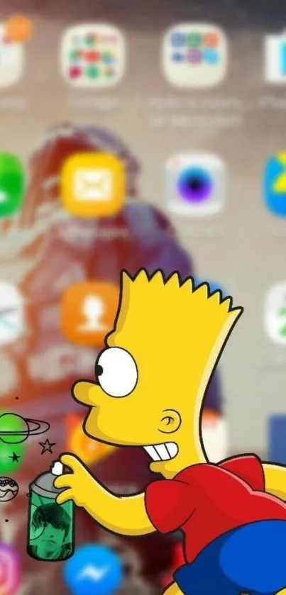 Cartoon character running with vibrant app icons in background.