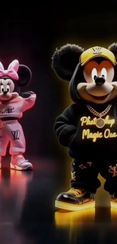 Cartoon mouse duo in trendy outfits on a black background.