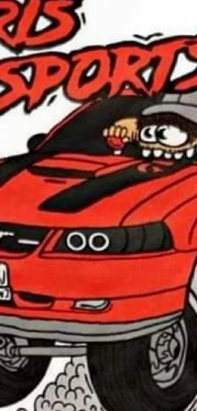 Cartoon muscle car with flames in vibrant red.