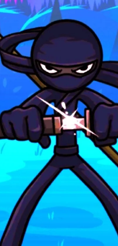 Vibrant cartoon ninja with swords on colorful blue background.