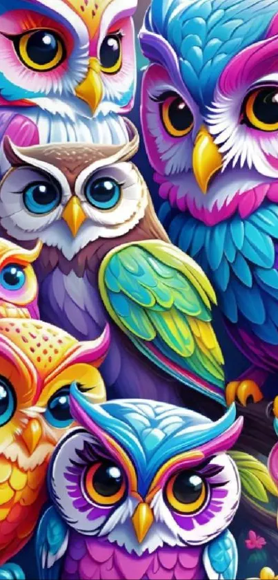 Vibrant and colorful cartoon owl wallpaper with artistic details.