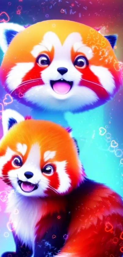 Vibrant cartoon red panda wallpaper with heart backgrounds.