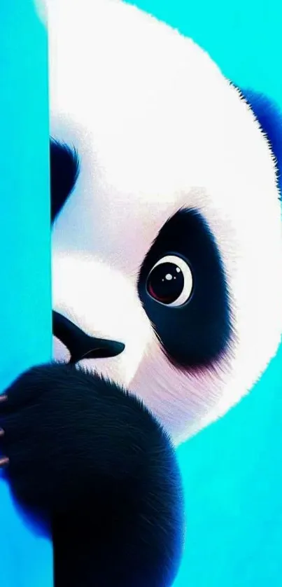 Playful cartoon panda on a cyan background.