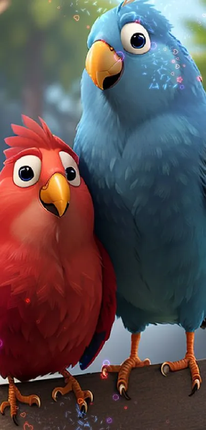 Two cartoon parrots with red and blue feathers on a tropical background.