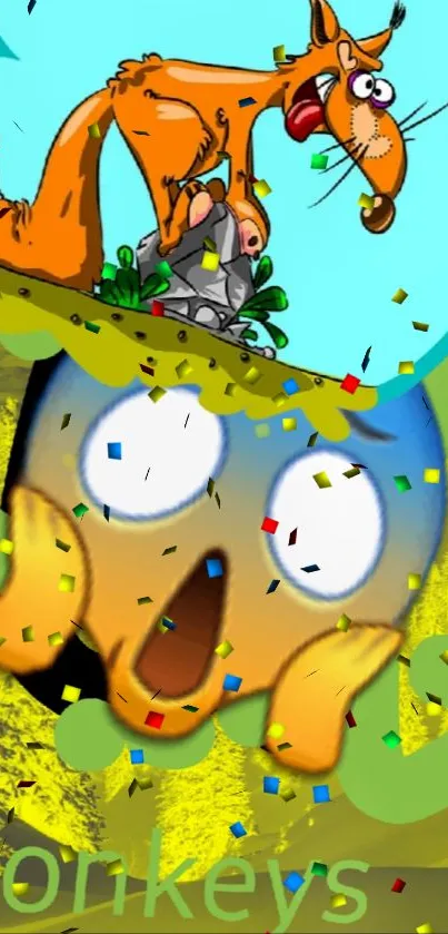 Vibrant cartoon wallpaper with colorful confetti and expressive characters.