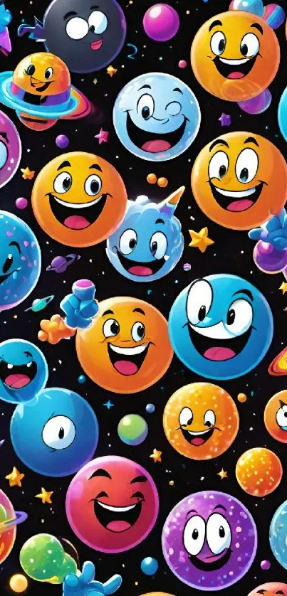 Playful cartoon planets on a black background with colorful cosmic elements.