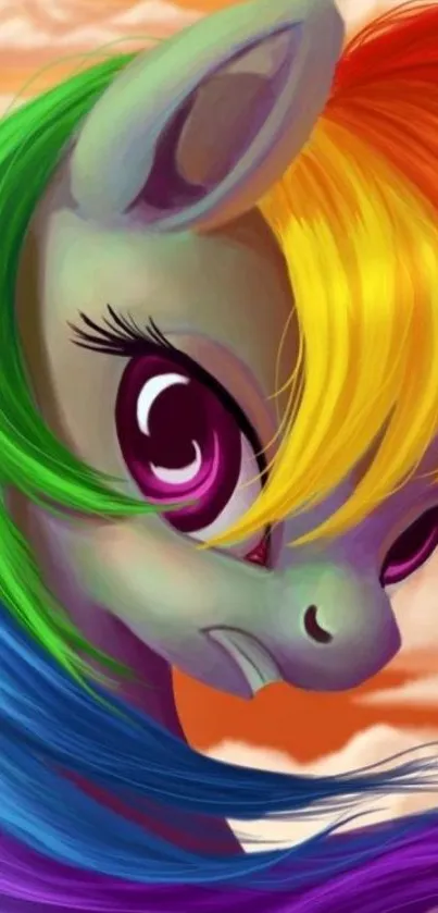 Vibrant cartoon pony with rainbow mane on orange background.