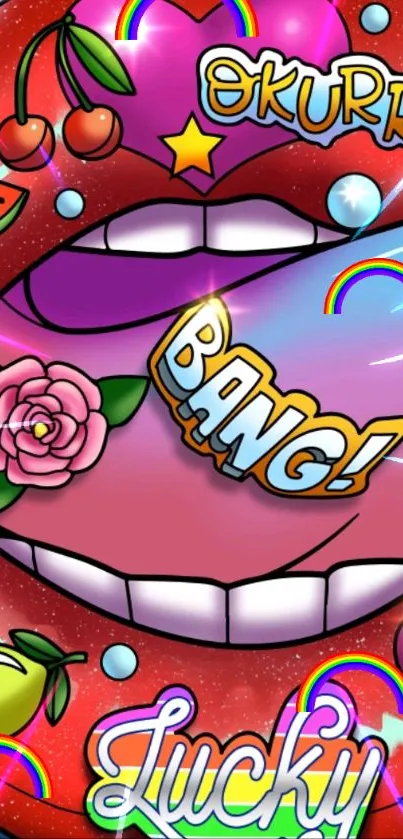 Vibrant cartoon pop art wallpaper featuring cherries and bold colors.