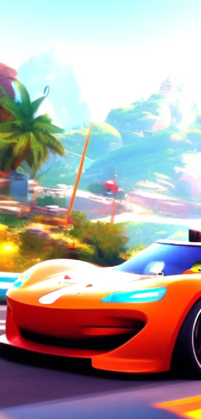 Vibrant cartoon car racing in a colorful landscape.