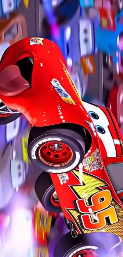Red animated race car in a vibrant cartoon style.