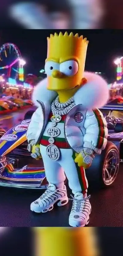 A cartoon character in streetwear in front of a vibrant race car and carnival scene.