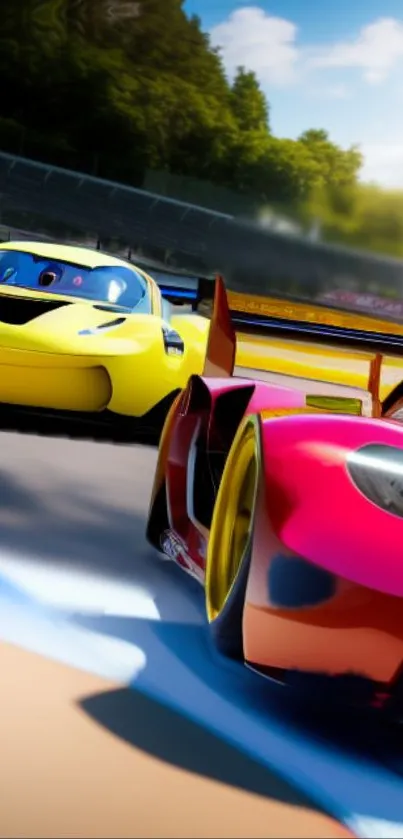 Vibrant animated racing cars on a sunny race track, showcasing dynamic colors.