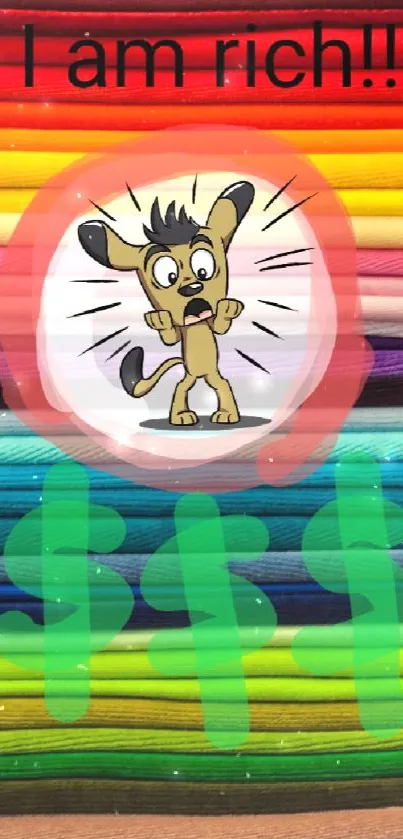 Cartoon mouse feeling rich on colorful fabric layers wallpaper.