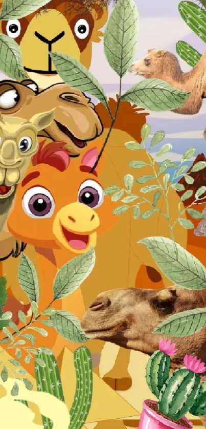 Cartoon safari scene with animals and lush green plants.