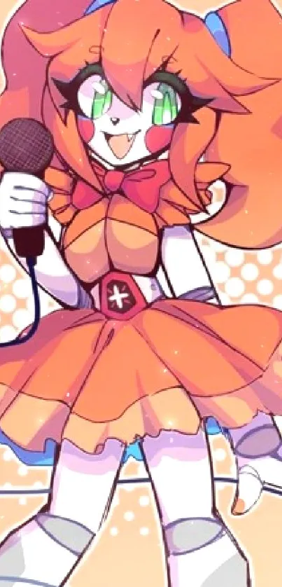 Animated character singing with a microphone in vibrant hues on a peach background.