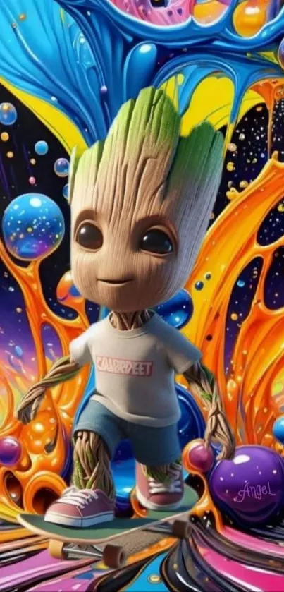 Cartoon character skates through vibrant, colorful landscape.