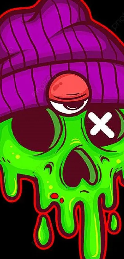 Vibrant cartoon skull with colorful hat on black background.