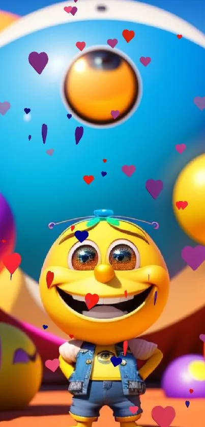 Vibrant cartoon smiley with colorful spheres background.