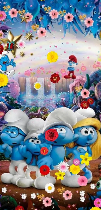 Vibrant Smurfs wallpaper with magical forest.